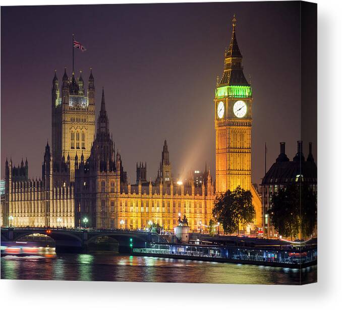 Clock Tower Canvas Print featuring the photograph Big Ben At Night, London by Cescassawin