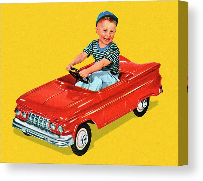 Auto Canvas Print featuring the drawing Boy Sitting in a Toy Car by CSA Images