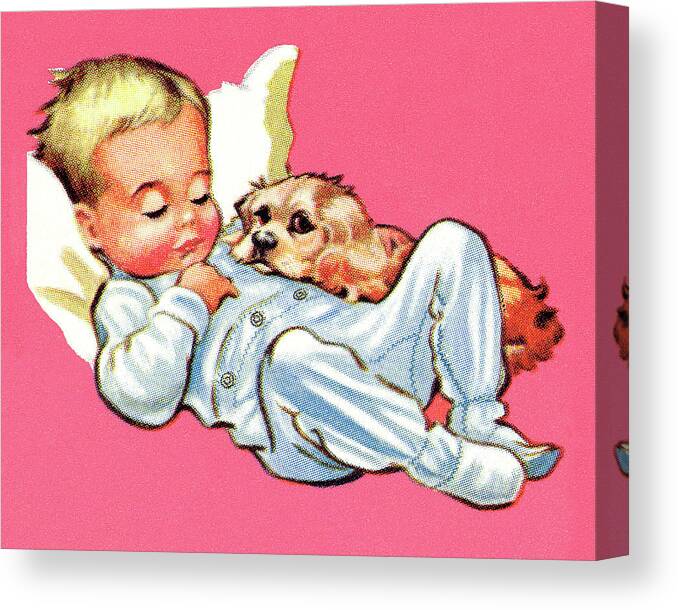 Animal Canvas Print featuring the drawing Boy Sleeping with Puppy by CSA Images