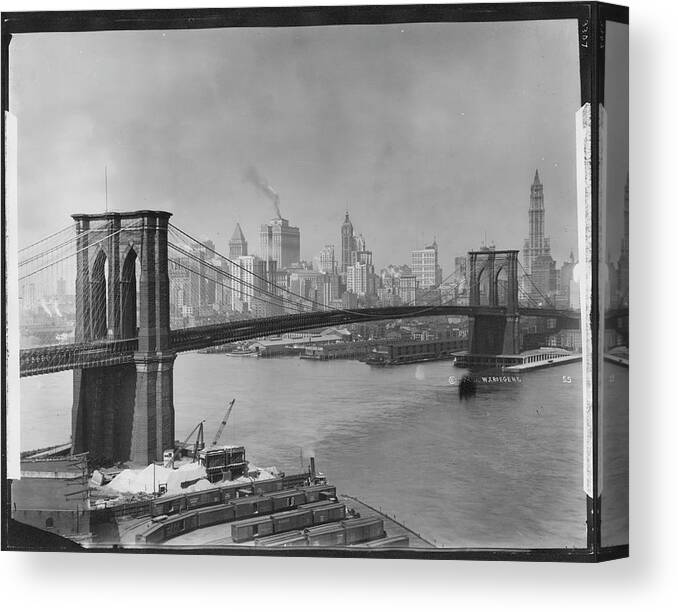Suspension Bridge Canvas Print featuring the photograph Brooklyn Bridge Viewed From Brooklyn by The New York Historical Society