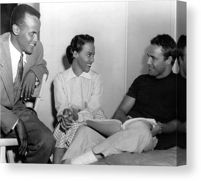 #marlon_brando Canvas Print featuring the photograph Candid Portrait Of Harry Belafonte, Dorothy Dandridge And Marlon Brando by Globe Photos