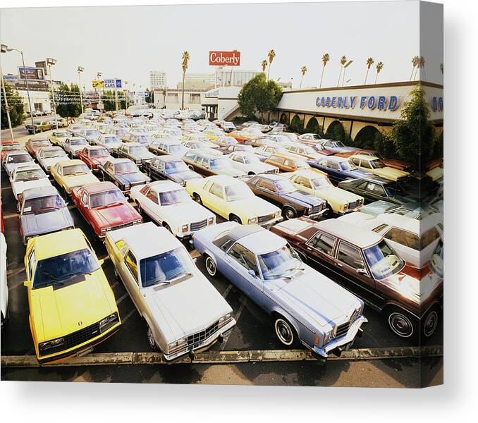 1979 Canvas Print featuring the photograph Car Park In Front Of Car Showroom by Tom Kelley Archive