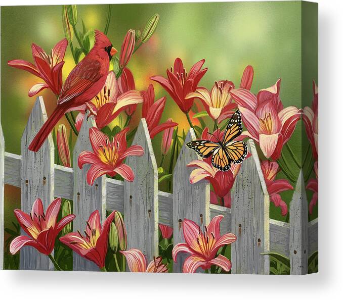 Bird Canvas Print featuring the painting Cardinal And Lilies by William Vanderdasson