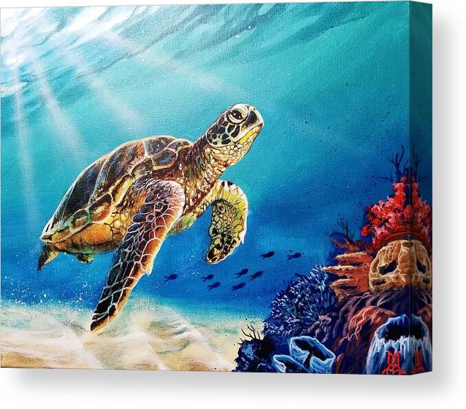 Turtle Canvas Print featuring the painting Caribbean Reef Turtle by Marco Aguilar