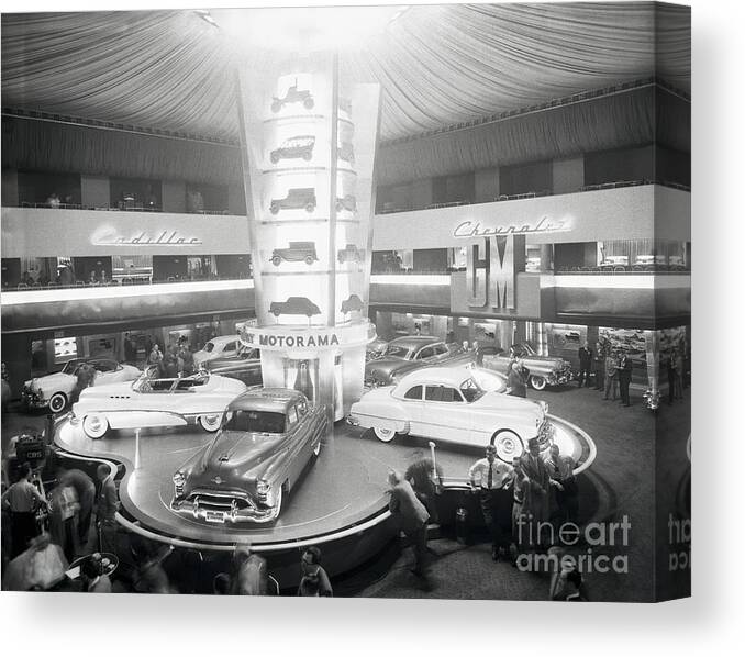 People Canvas Print featuring the photograph Cars Displayed At General Motors by Bettmann