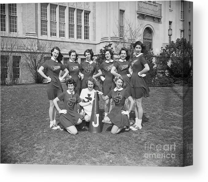 People Canvas Print featuring the photograph Cheerleaders Posing In Uniforms by Bettmann