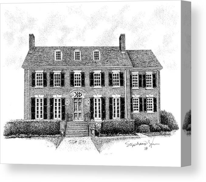 Chi Phi Frat House Canvas Print featuring the drawing Chi Phi Fraternity House, Auburn University by Stephanie Huber