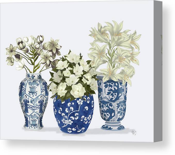 Flower Canvas Print featuring the painting Chinoiserie Flower Trio 3, Blue by Fab Funky