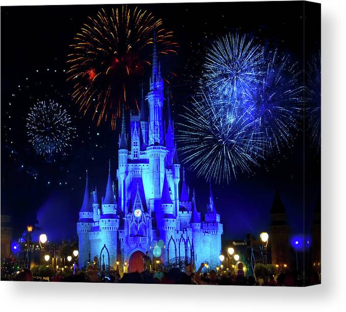 Magic Kingdom Canvas Print featuring the photograph Cinderella Castle Fireworks by Mark Andrew Thomas