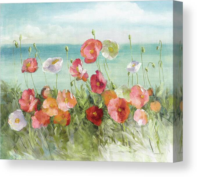 Beach Canvas Print featuring the painting Coastal Poppies Light. by Danhui Nai