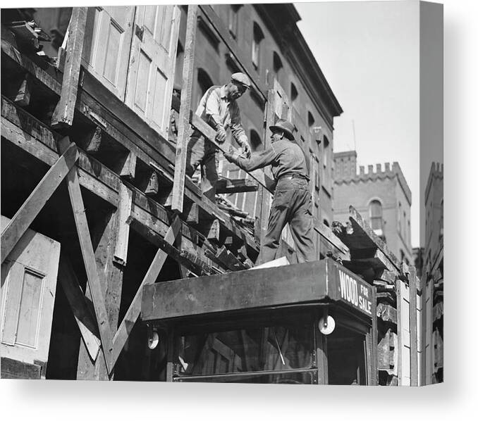 Apartment Canvas Print featuring the photograph Construction Workers On Scaffolding by George Marks