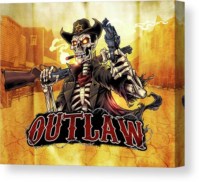 Cowboy Skeleton Outlaw Mascot Canvas Print featuring the digital art Cowboy Skeleton Outlaw Mascot by Flyland Designs