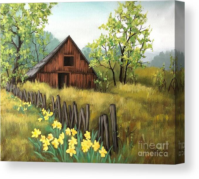 Barn Canvas Print featuring the painting Daffodil barn by Inese Poga