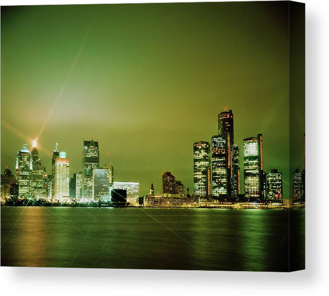 Detroit Skyline - Nighttime Canvas Print featuring the photograph Detroit Skyline - Nighttime, Michigan 92 - Color by Monte Nagler