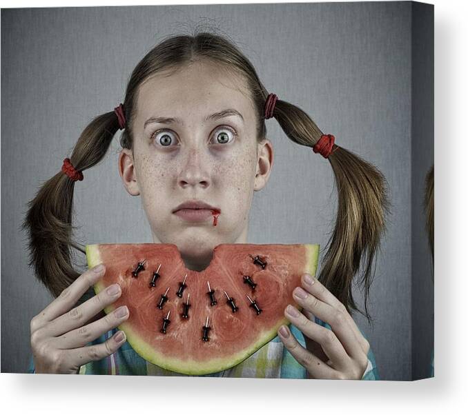 Girl Canvas Print featuring the photograph Don't Swallow The Seeds by Mike Melnotte