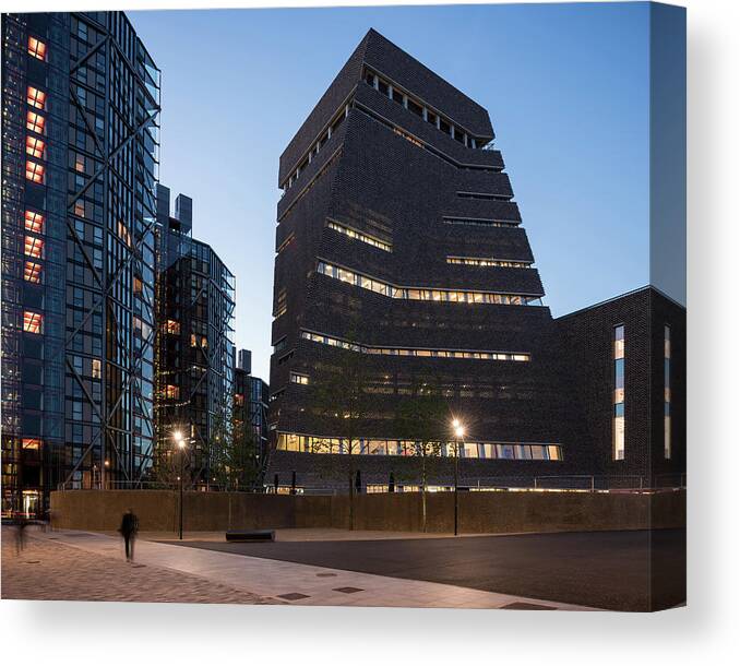 People In The Background Canvas Print featuring the digital art Dusk View Of Switch House Exterior, Tate Modern, London, Uk by Ben Pipe Photography