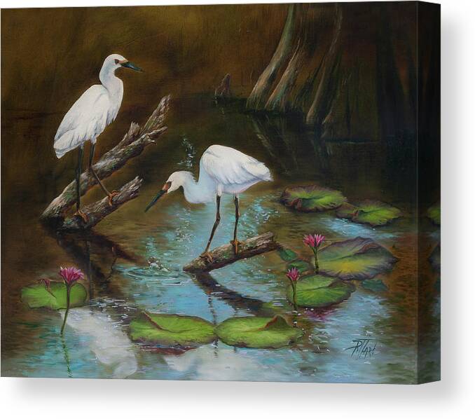 Egrets Canvas Print featuring the painting Two Egrets--Missed Again by Lynne Pittard