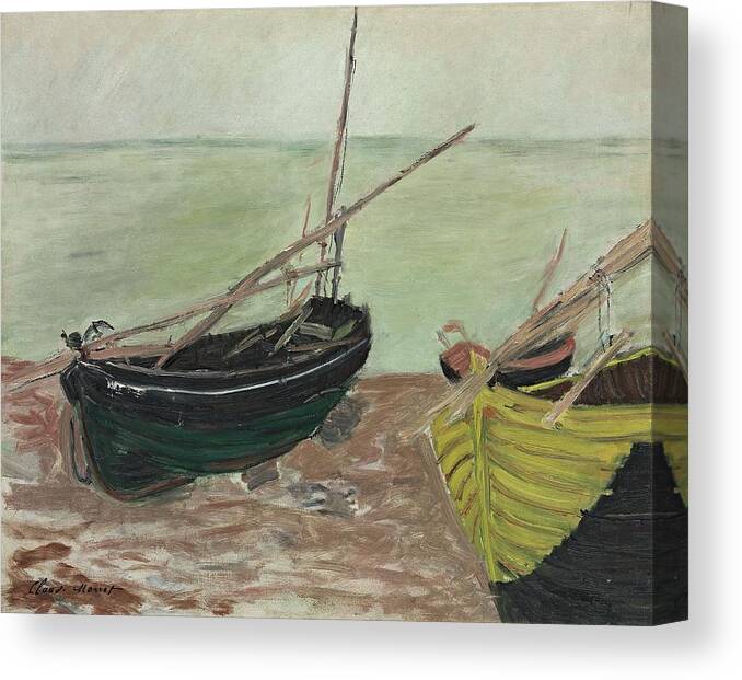 Landscape Canvas Print featuring the painting Etude De Bateaux Sur La Plage Detretat by Claude Monet