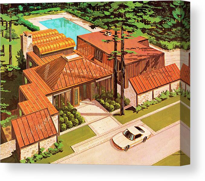 Architecture Canvas Print featuring the drawing Fancy House With Pool by CSA Images
