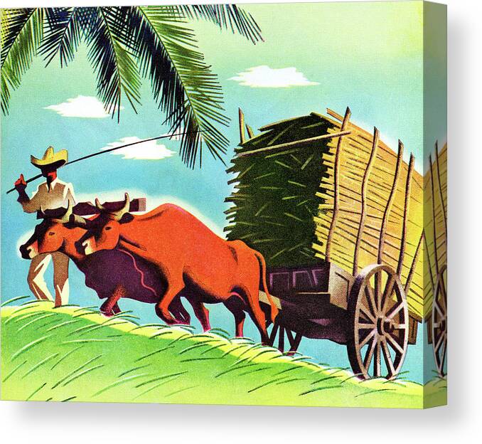 Agriculture Canvas Print featuring the drawing Farmer and Cattle Pulling a Cart by CSA Images