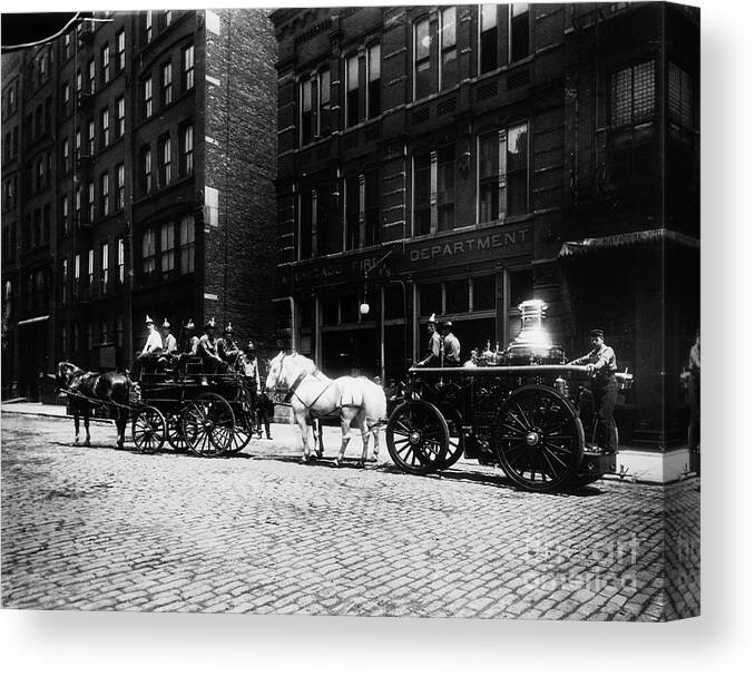 Fire Engines Outside Of Engine House No. 40 Canvas Print featuring the photograph Fire Engines Outside Of Engine House No 40, Chicago, Illinois, Usa, 1905 by Barnes And Crosby