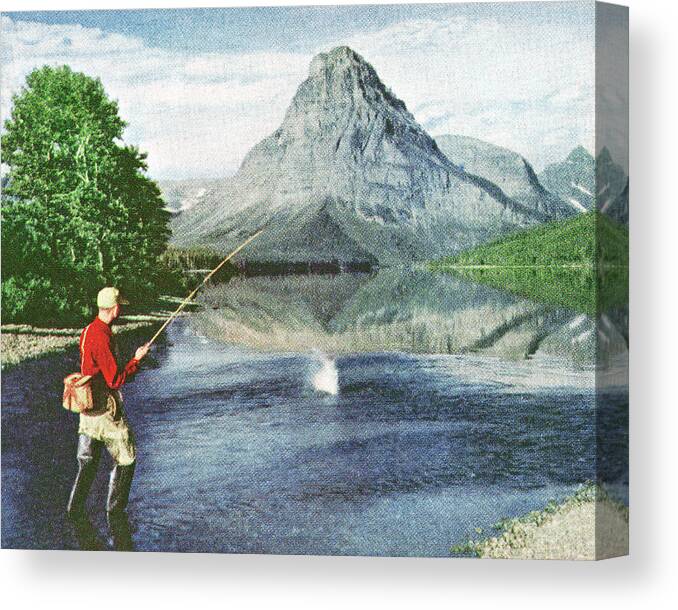 Activity Canvas Print featuring the drawing Fisherman Wading in a Lake by a Mountain by CSA Images