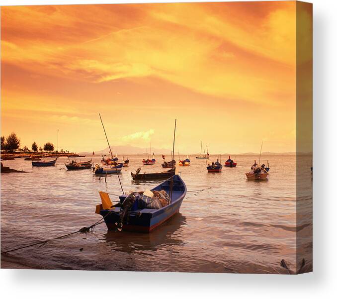 Orange Color Canvas Print featuring the photograph Fishing Boats At Tanjong Bunga, Malaysia by Manfred Gottschalk