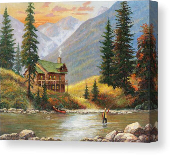 Fly Fishing Canvas Print featuring the painting Fly Fisherman by John Zaccheo