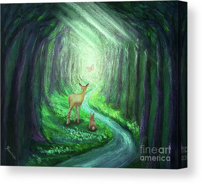 Forest Canvas Print featuring the mixed media Follow the light- green by Yoonhee Ko