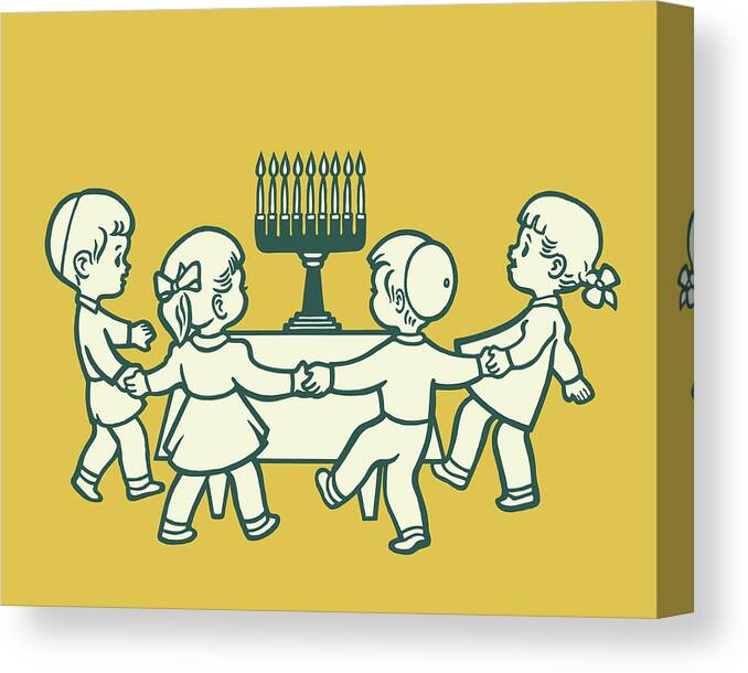 Activity Canvas Print featuring the drawing Four Children Playing Around a Menorah by CSA Images
