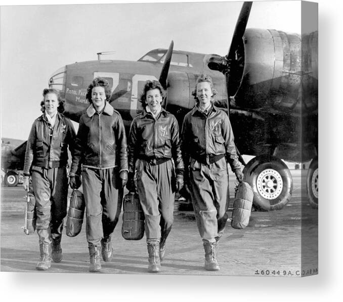 Female Canvas Print featuring the painting Four female pilots leaving their ship Pistol Packin Mama at the four engine school at Lockbourne by Celestial Images