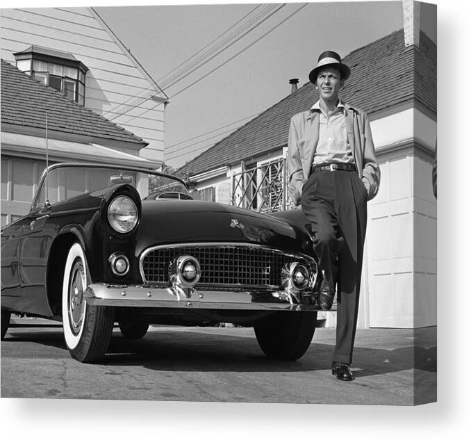 1950s Canvas Print featuring the photograph Frank Sinatra Standing With T-bird by Frank Worth