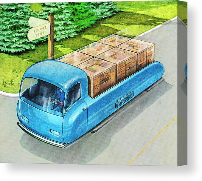 Box Canvas Print featuring the drawing Futuristic Truck Moving Boxes by CSA Images