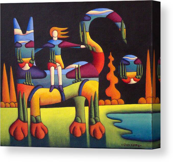 Cat Canvas Print featuring the painting Girl on cat in landscape by Alan Kenny