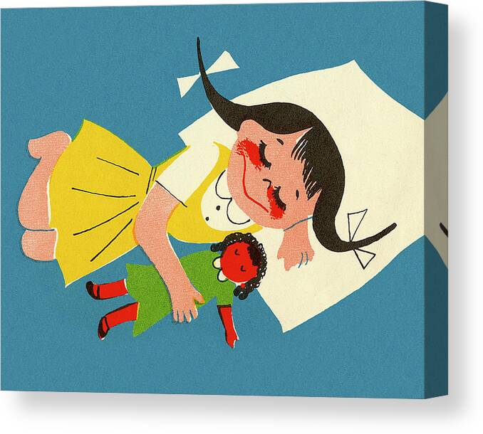 Asleep Canvas Print featuring the drawing Girl with Doll Napping by CSA Images
