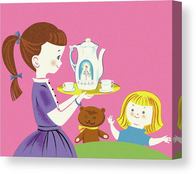 Beverage Canvas Print featuring the drawing Girls Having a Tea Party by CSA Images