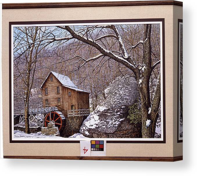 Grist Mill With Trees Around It In The Winter Canvas Print featuring the painting Glade Creek Grist Mill In Winter by Thelma Winter