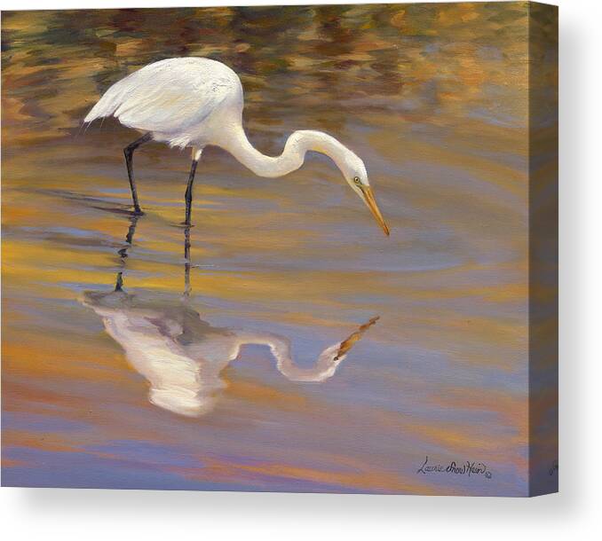 White Heron Canvas Print featuring the painting Golden Morning Reflections by Laurie Snow Hein