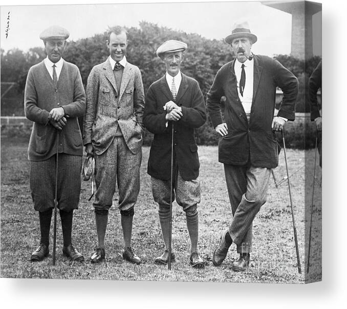 People Canvas Print featuring the photograph Golfers With Their Golf Clubs by Bettmann