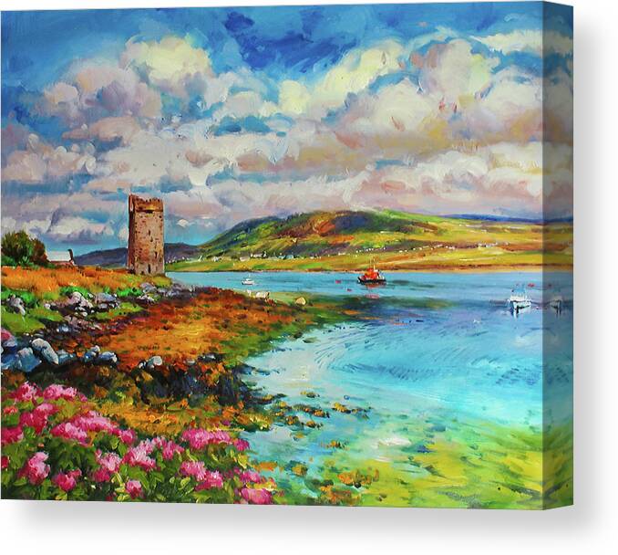 Achill Canvas Print featuring the painting Granuaile's Tower, Kildavnet, Achill Island, Ireland by Conor McGuire