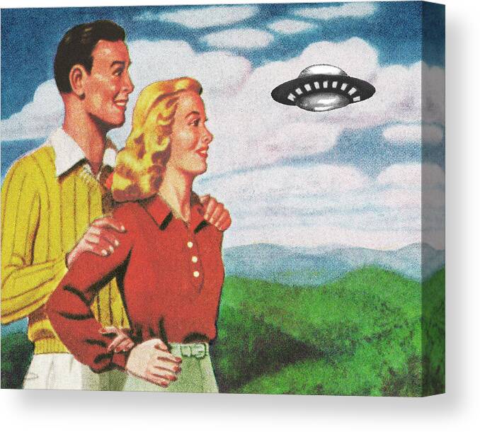 Adult Canvas Print featuring the drawing Happy Couple Watching a UFO by CSA Images