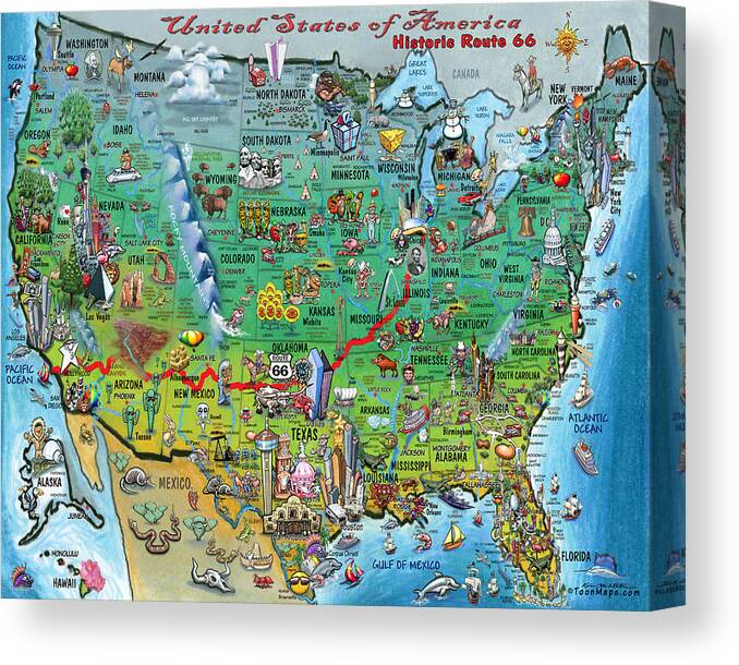 Cartoon Map Canvas Print featuring the digital art Historic Route 66 USA by Kevin Middleton