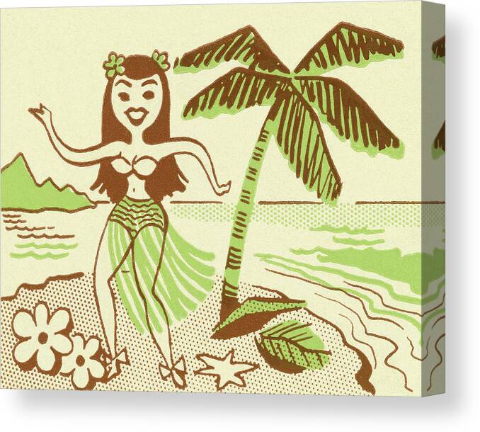 Adult Canvas Print featuring the drawing Hula Girl Next to Palm Tree by CSA Images