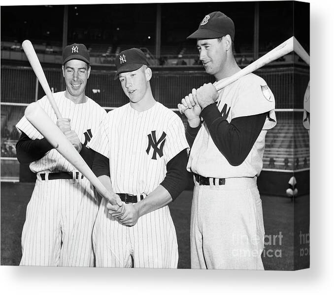 Three Quarter Length Canvas Print featuring the photograph Joe Dimaggio, Mickey Mantle And Ted by Bettmann