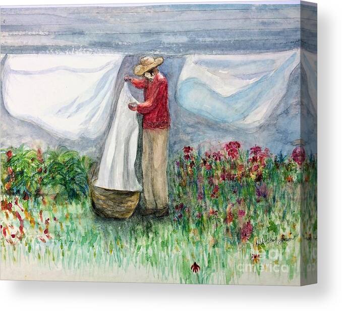 Laundry Hanging On The Line Canvas Print featuring the painting Jo's Linens by Deb Stroh-Larson