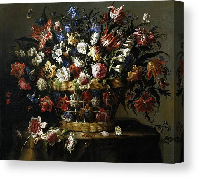 Basket Of Flowers Canvas Print featuring the painting Juan de Arellano / 'Basket of Flowers', c. 1670, Spanish School, Oil on canvas. by Juan de Arellano -1614-1676-