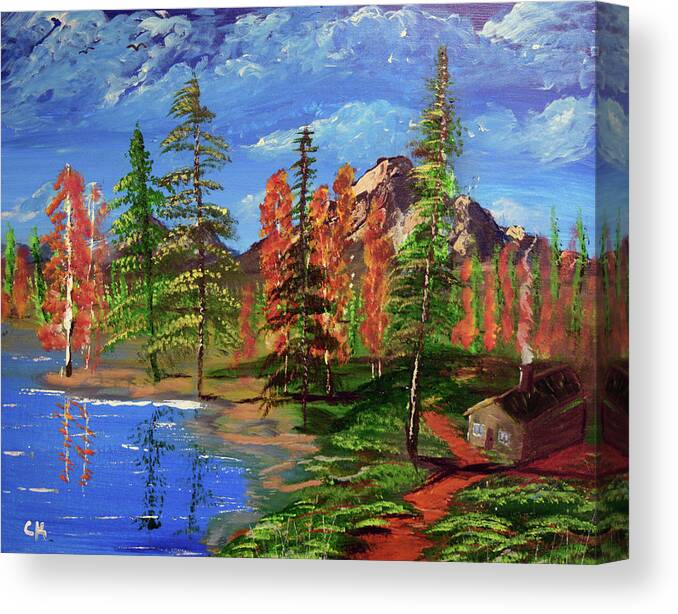 Lake Canvas Print featuring the painting Lakeside Cabin by Chance Kafka