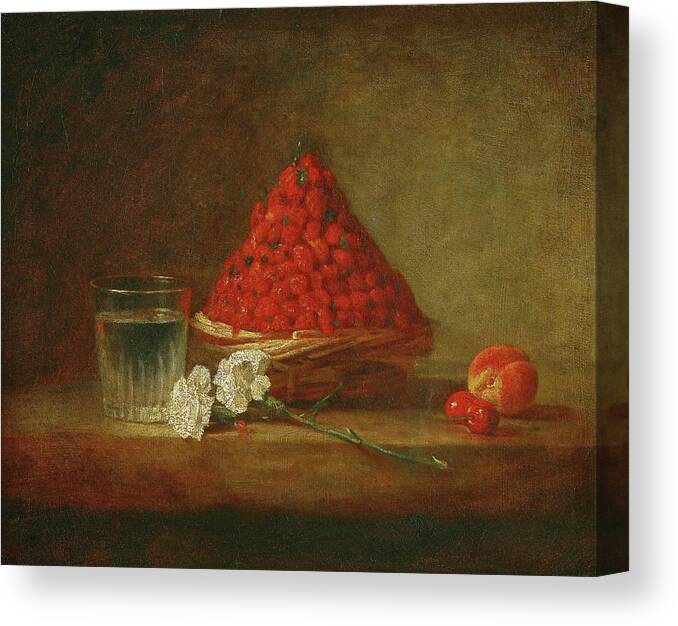 Jean-baptiste-simeon Chardin Canvas Print featuring the painting Le panier de fraises des bois - a basket of wild strawberries. Canvas,38 x 46 cm. by Jean Baptiste Simeon Chardin -1699-1779-