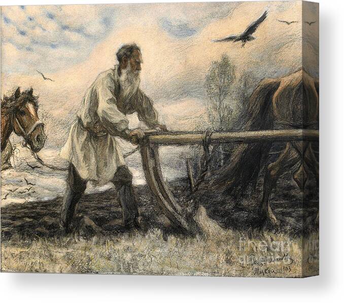 Farm Worker Canvas Print featuring the drawing Lev Tolstoy At The Plough, 1903. Artist by Heritage Images