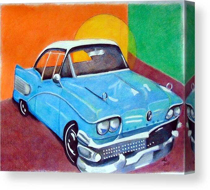 Car Canvas Print featuring the drawing Light blue 1950s car by Loretta Nash